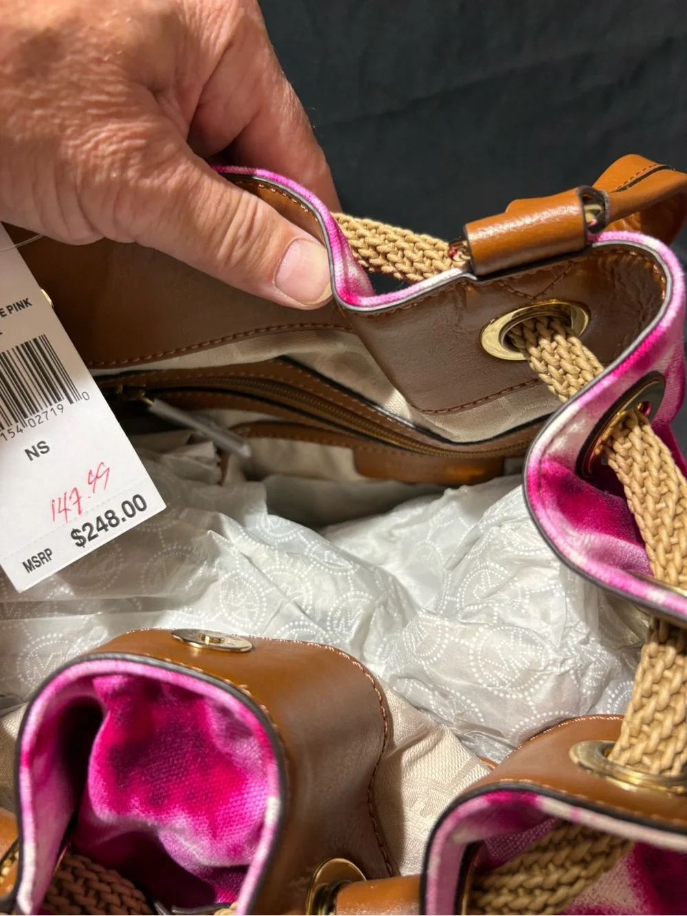 Michael Kors Pink Tie-Dye Drawstring Bucket Bag with Tan Accents